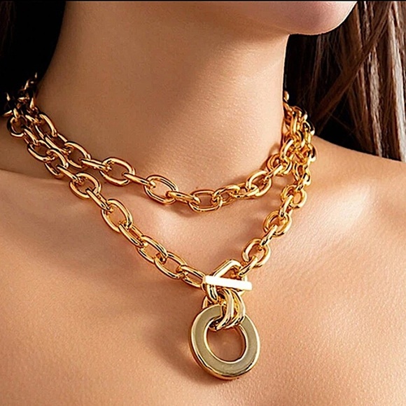 Gold Exaggerated Multilayer Statement Necklace - Picture 2 of 3